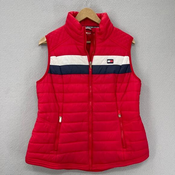 Tommy Hilfiger Sport Vest Womens Large Red Puffer Full Zip Pockets Lightweight - Picture 1 of 11